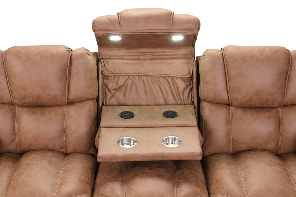 Brown Power Reclining 3-Piece Living Room Set with LED Lights, USB, Bluetooth Speaker & Wireless Charging