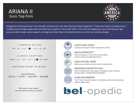 Ariana 15-Inch Medium Firm Innerspring Euro Top Mattress by Bel O Pedic | Bel Furniture