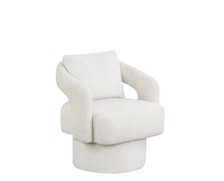 A modern white bouclé swivel armchair with a matching back cushion, isolated on a solid white background.