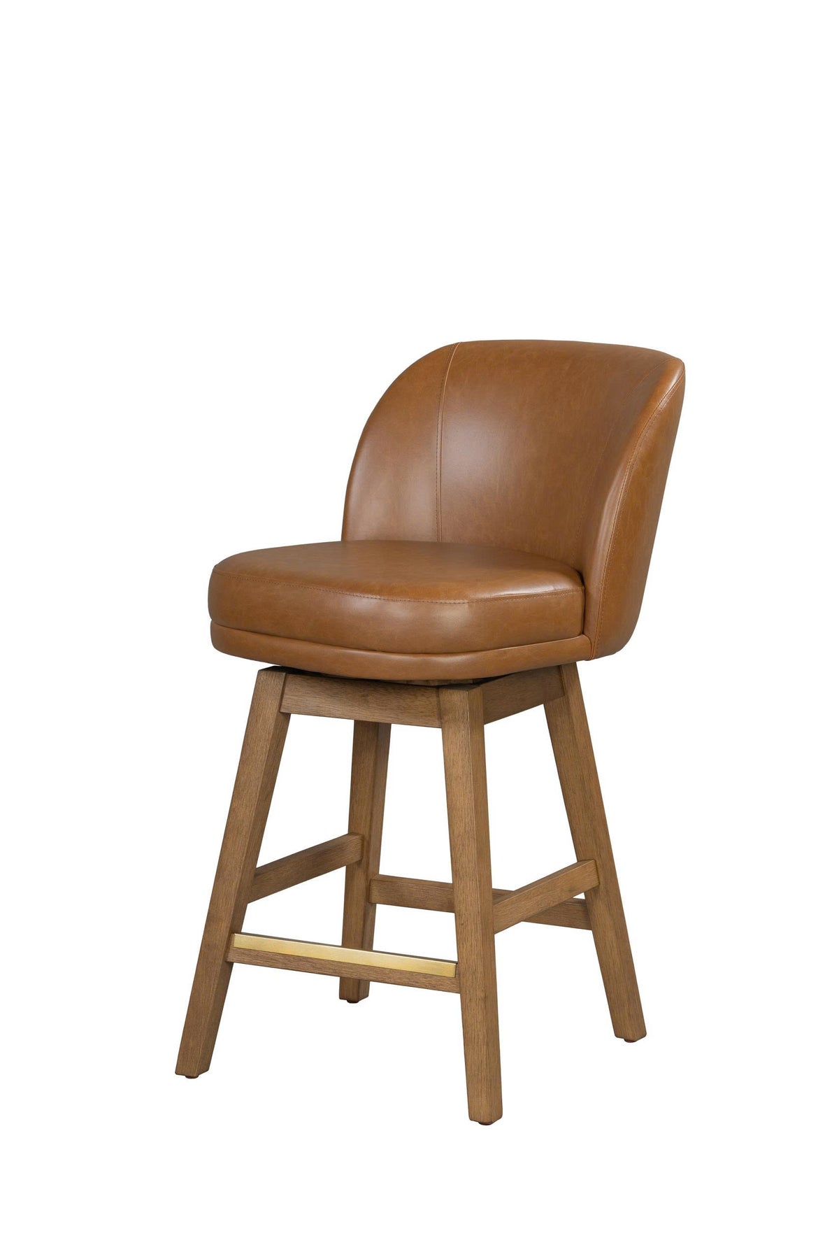 Brown Upholstered Swivel Bar Stool with Curved Back, Natural Wood Frame & Gold-Tone Footrest