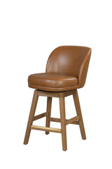 Brown Upholstered Swivel Bar Stool with Curved Back, Natural Wood Frame & Gold-Tone Footrest