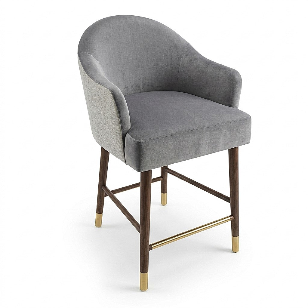 Gray Upholstered Bar Stool with Curved Back, Arms & Gold-Tone Accents