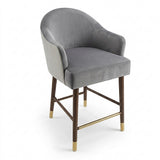 Gray Upholstered Bar Stool with Curved Back, Arms & Gold-Tone Accents
