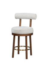 Cream Bouclé Upholstered Wood Bar Stool with Gold-Tone Footrest