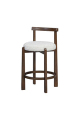 Cream Bouclé Upholstered Bar Stool with Brown Wood Frame