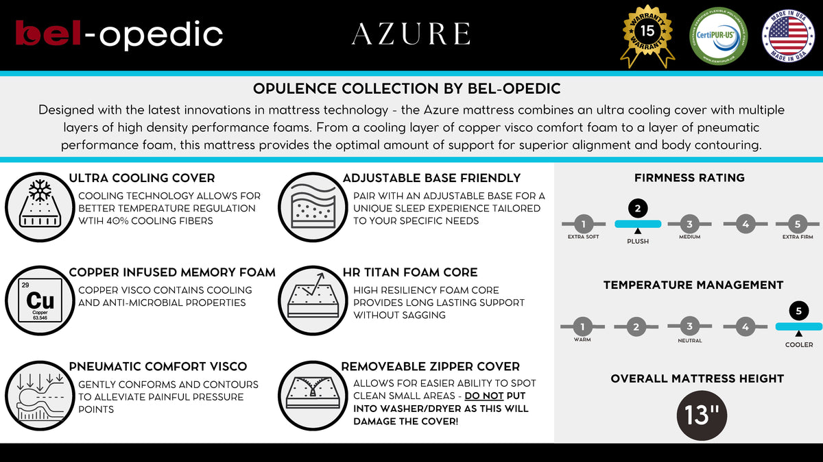 Azure 13-Inch Plush Memory Foam Queen size Mattress with Foundation by bel-opedic | Bel Furniture