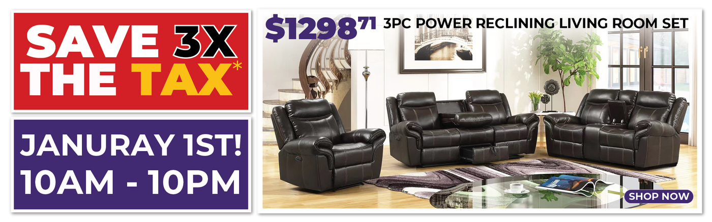 Advertisement for a 3-piece power reclining living room set with promotional text.