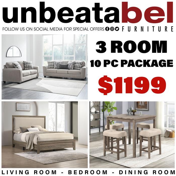 Advertisement for unbeatable furniture package with living room, bedroom, and dining room sets.