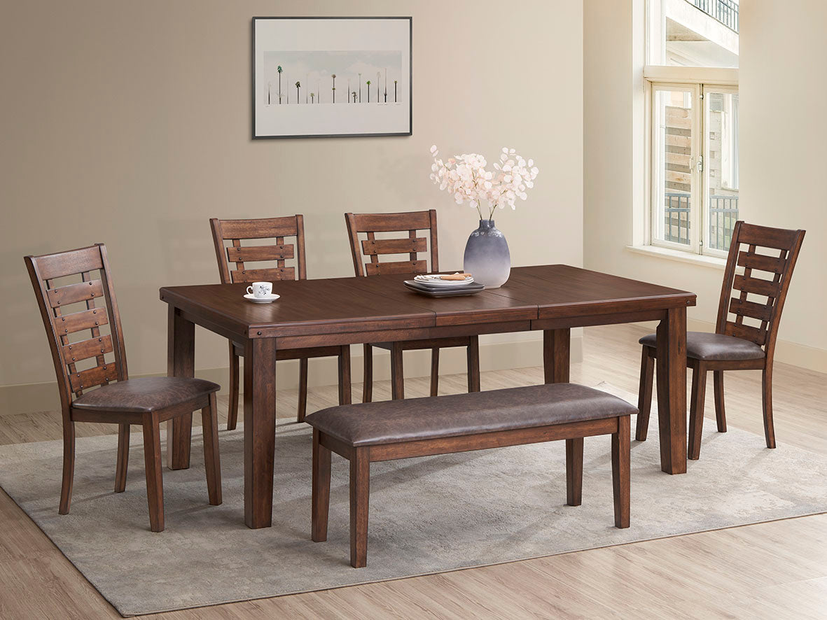 6 Piece Rectangular Dining Set with Bench – Warm Brown Finish