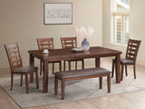 6 Piece Rectangular Dining Set with Bench – Warm Brown Finish