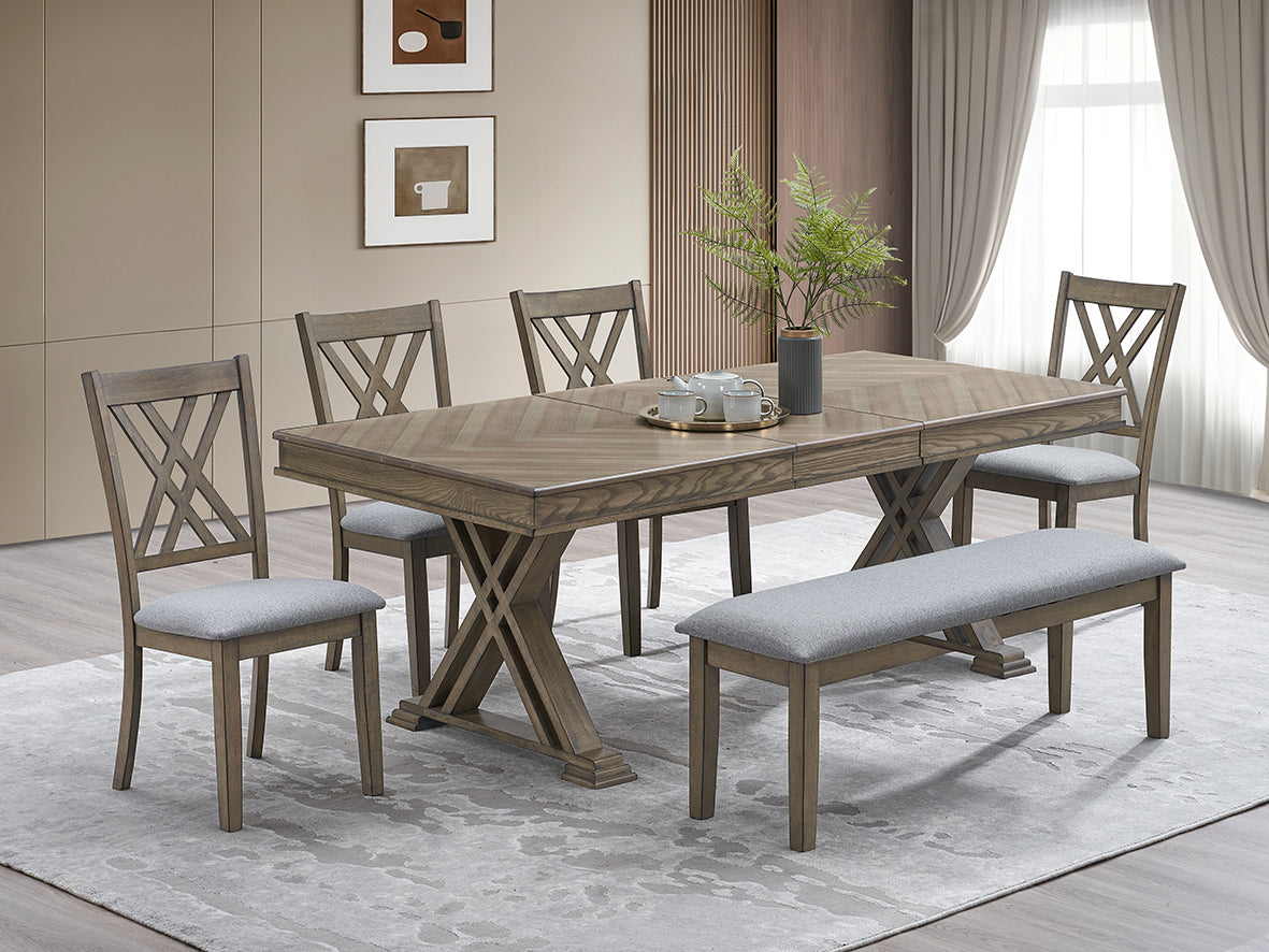 6-Piece Gray Trestle Dining Set with Bench