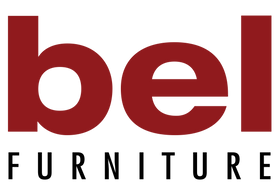 The logo for Bel Furniture, featuring the word 'bel' in a bold dark red lowercase font with a white oval cutout inside the left loop, above the word 'FURNITURE' in black uppercase letters, all on a solid black background.