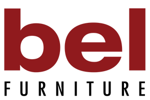 The logo for Bel Furniture, featuring the word 'bel' in a bold dark red lowercase font with a white oval cutout inside the left loop, above the word 'FURNITURE' in black uppercase letters, all on a solid black background.