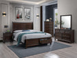 Wooden bedroom furniture set with bed, dresser, and nightstands in a room.