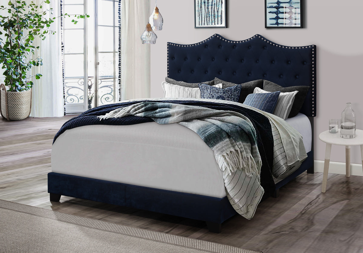 Navy Blue Upholstered Bed with Diamond Tufting & Chrome Nailhead Trim