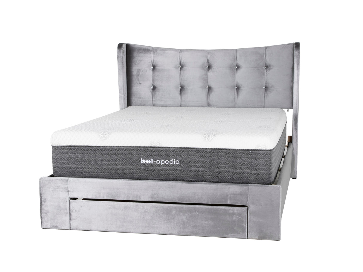 Gray Velvet Tufted Wingback Storage Queen Bed