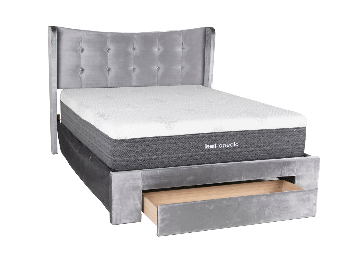 Gray Velvet Tufted Wingback Storage Queen Bed