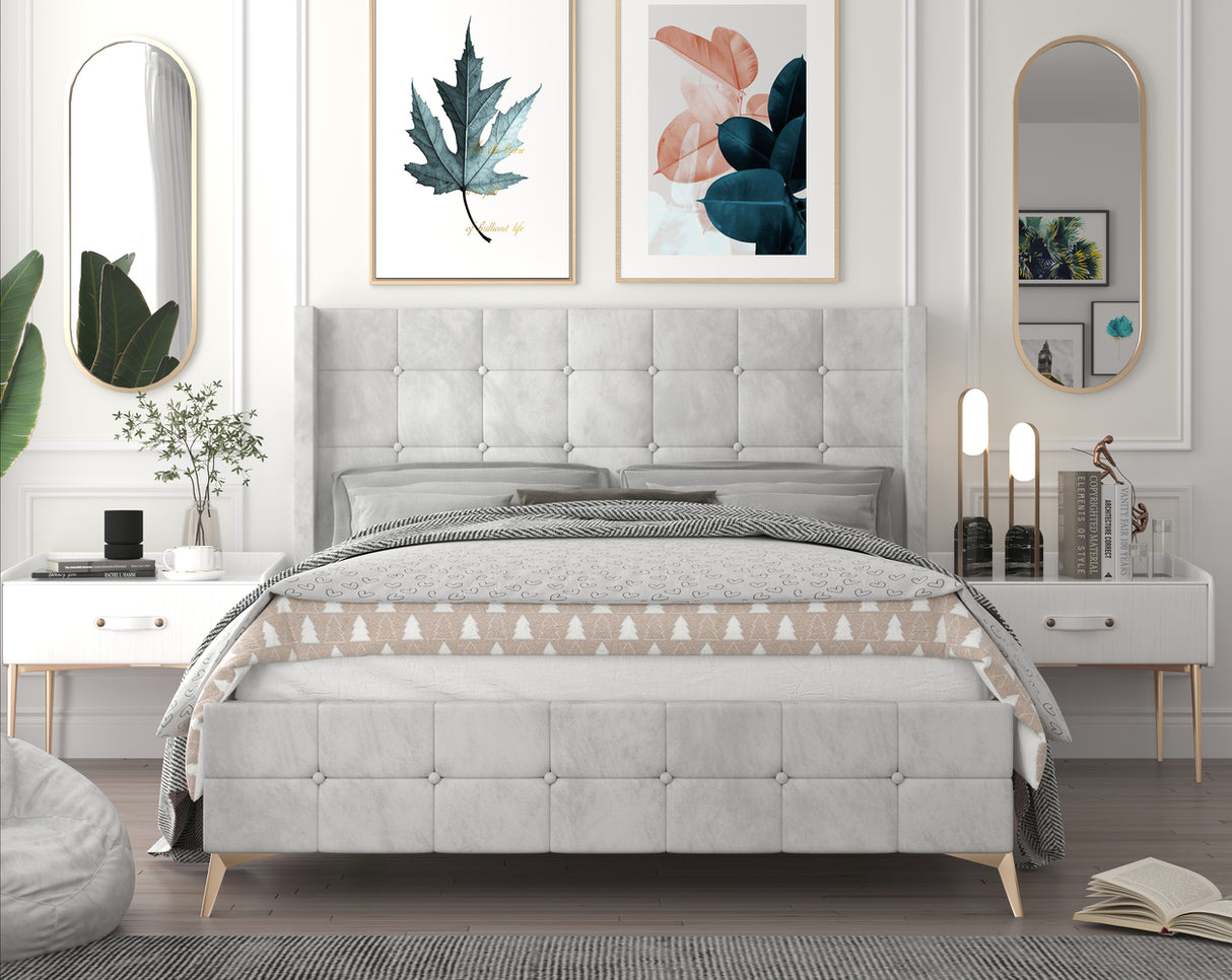Grey Velvet Button-Tufted Panel Bed