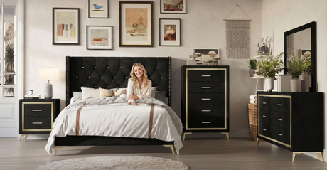 Black & Gold Glam Upholstered Bedroom Set (Bed, Dresser & Mirror, Nightstand) - view 3