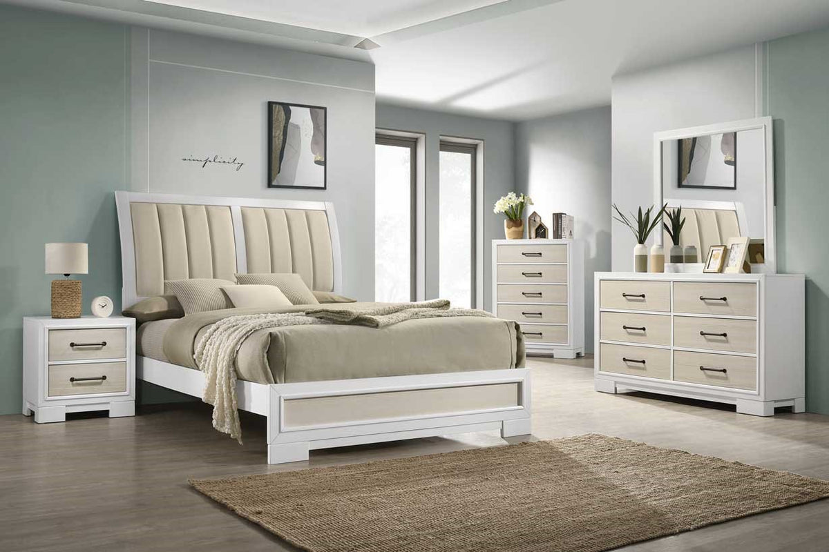 White & Beige 6-Piece Bedroom Set with Channel-Tufted Headboard