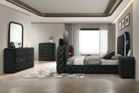 Velvet Tufted Bedroom Set with Built-in Fireplace, TV Stand, and Bluetooth Speakers by Mollai Collections | Bel Furniture