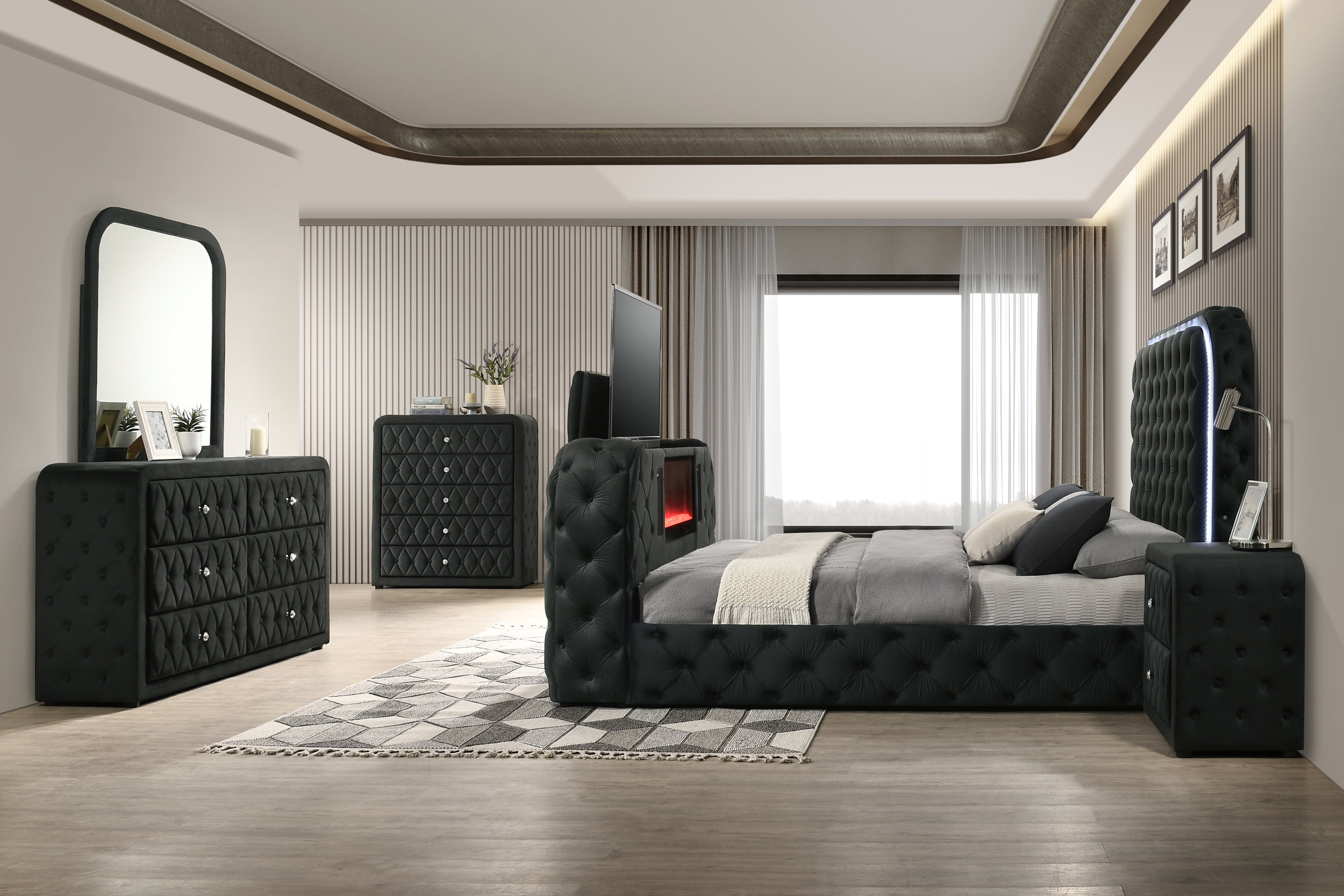 Velvet Tufted Bedroom Set with Built-in Fireplace, TV Stand, and Bluetooth Speakers