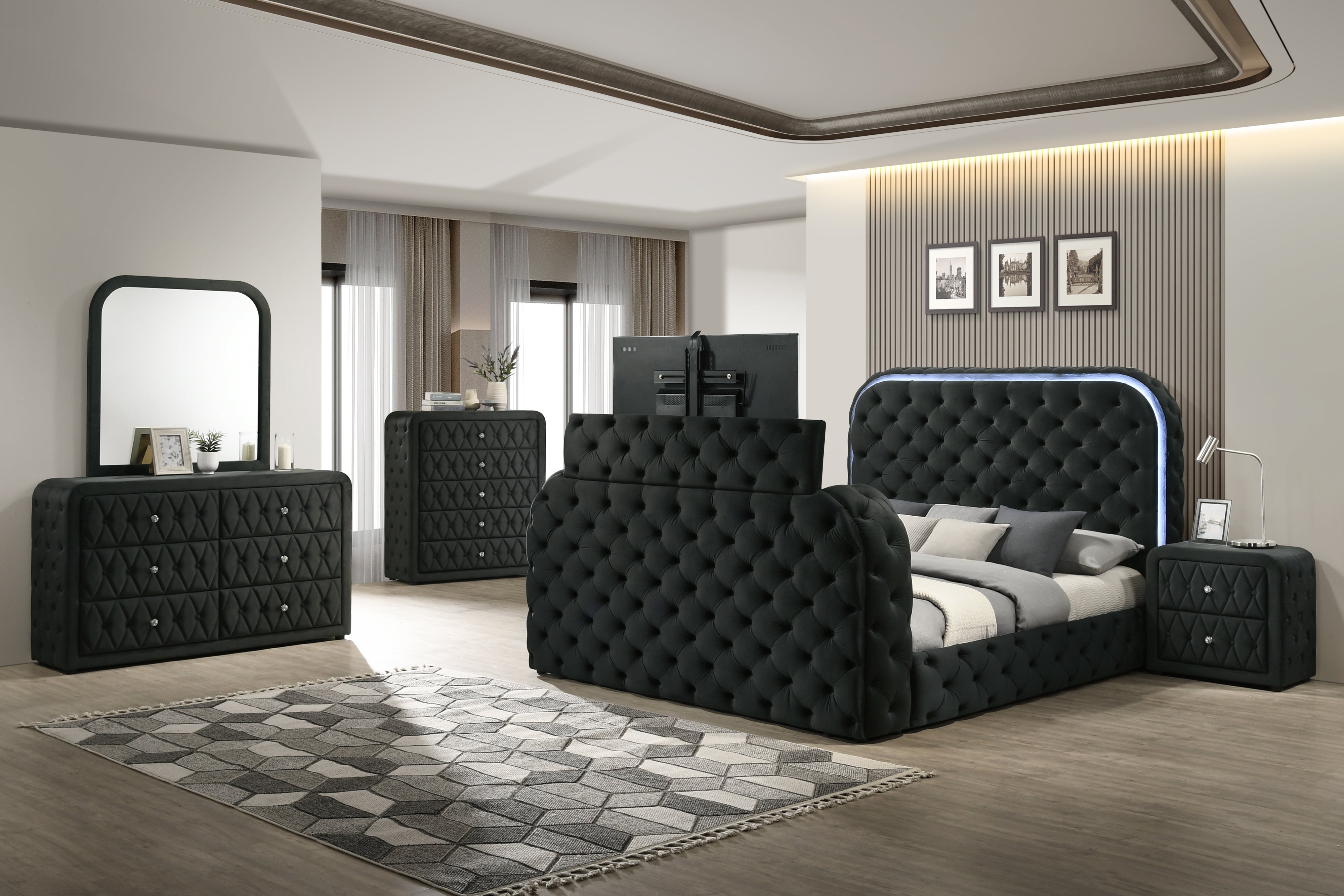 Velvet Tufted Bedroom Set with Built-in Fireplace, TV Stand, and Bluetooth Speakers