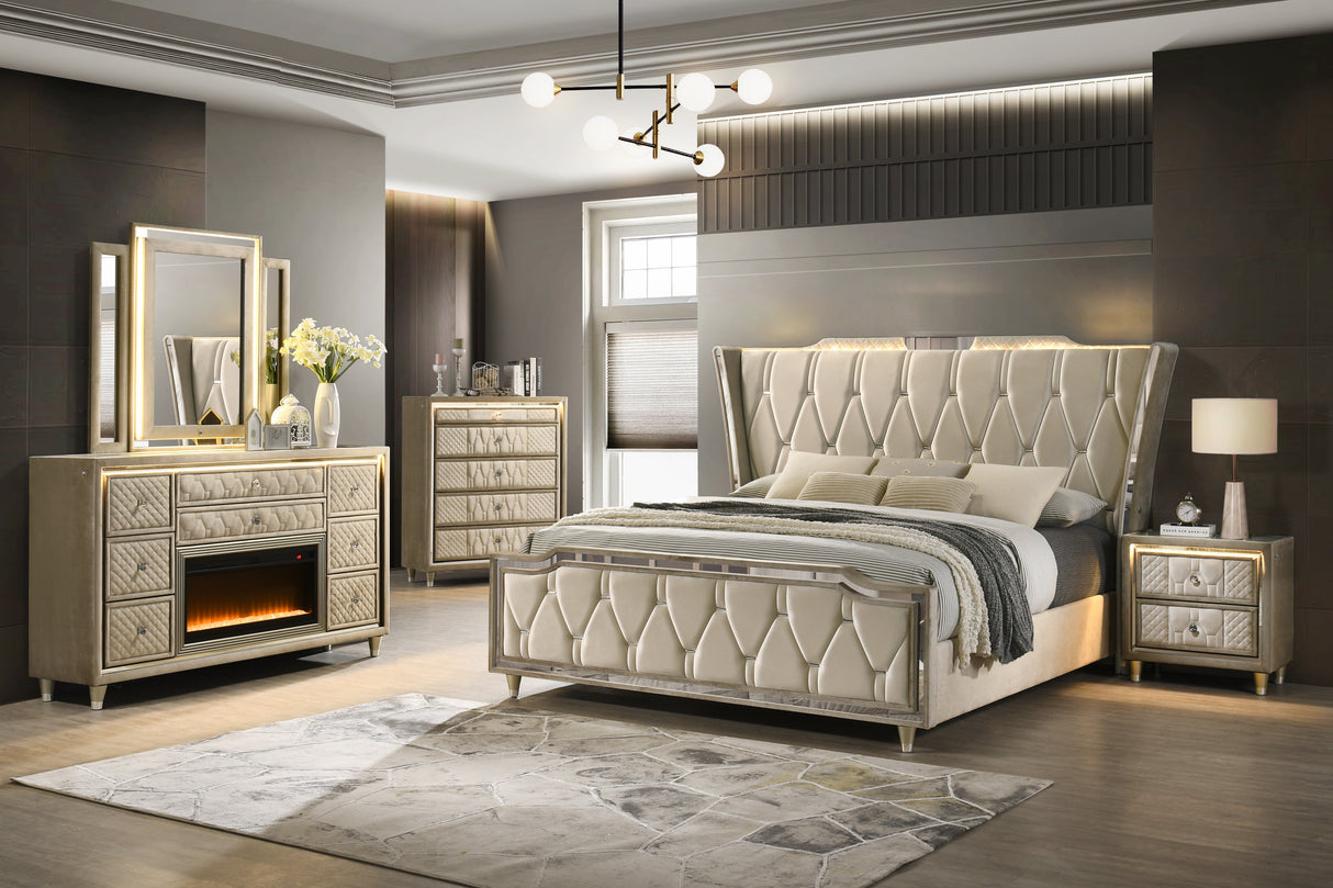 Vesper Beige Velvet LED 6-Piece Bedroom Set with Fireplace Dresser