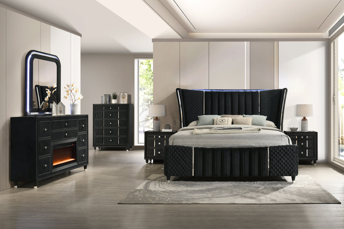 Velvet Black Glam 6-Piece Bedroom Set with LED Bed, Fireplace Dresser, Mirror & Nightstand