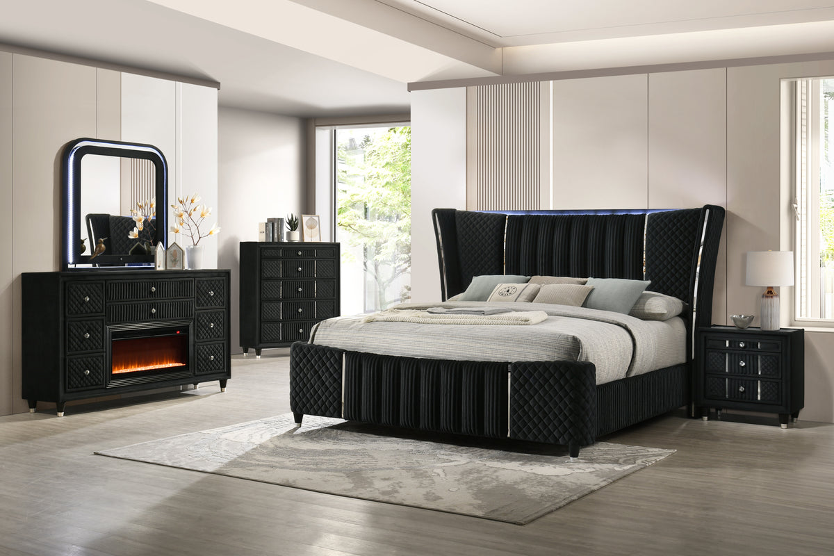 Velvet Black Glam Nightstand with Corduroy Accents