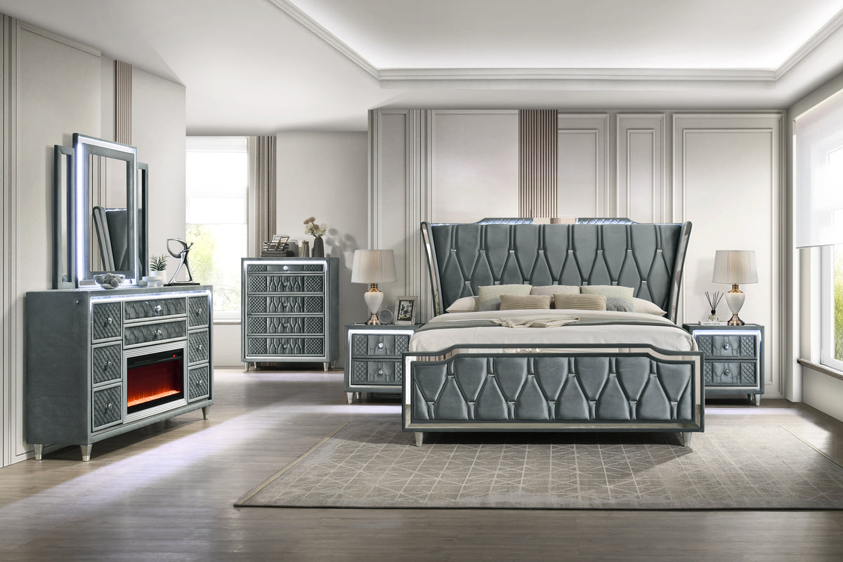 Modern Gray Velvet Chest with LED and Glass Top