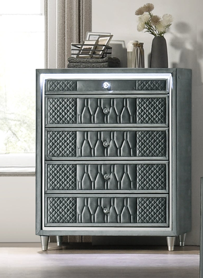 Modern Gray Velvet Chest with LED and Glass Top