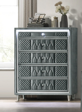 Modern Gray Velvet Chest with LED and Glass Top