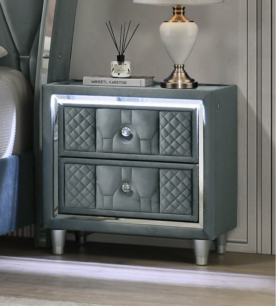 Modern Gray Velvet Nightstand with LED and Glass Top