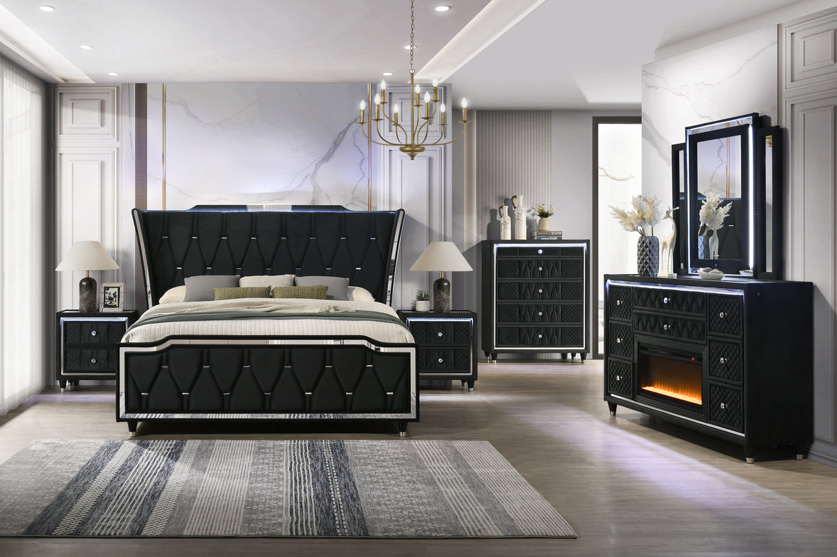 Vesper Black Velvet LED 6-Piece Bedroom Set with Fireplace Dresser