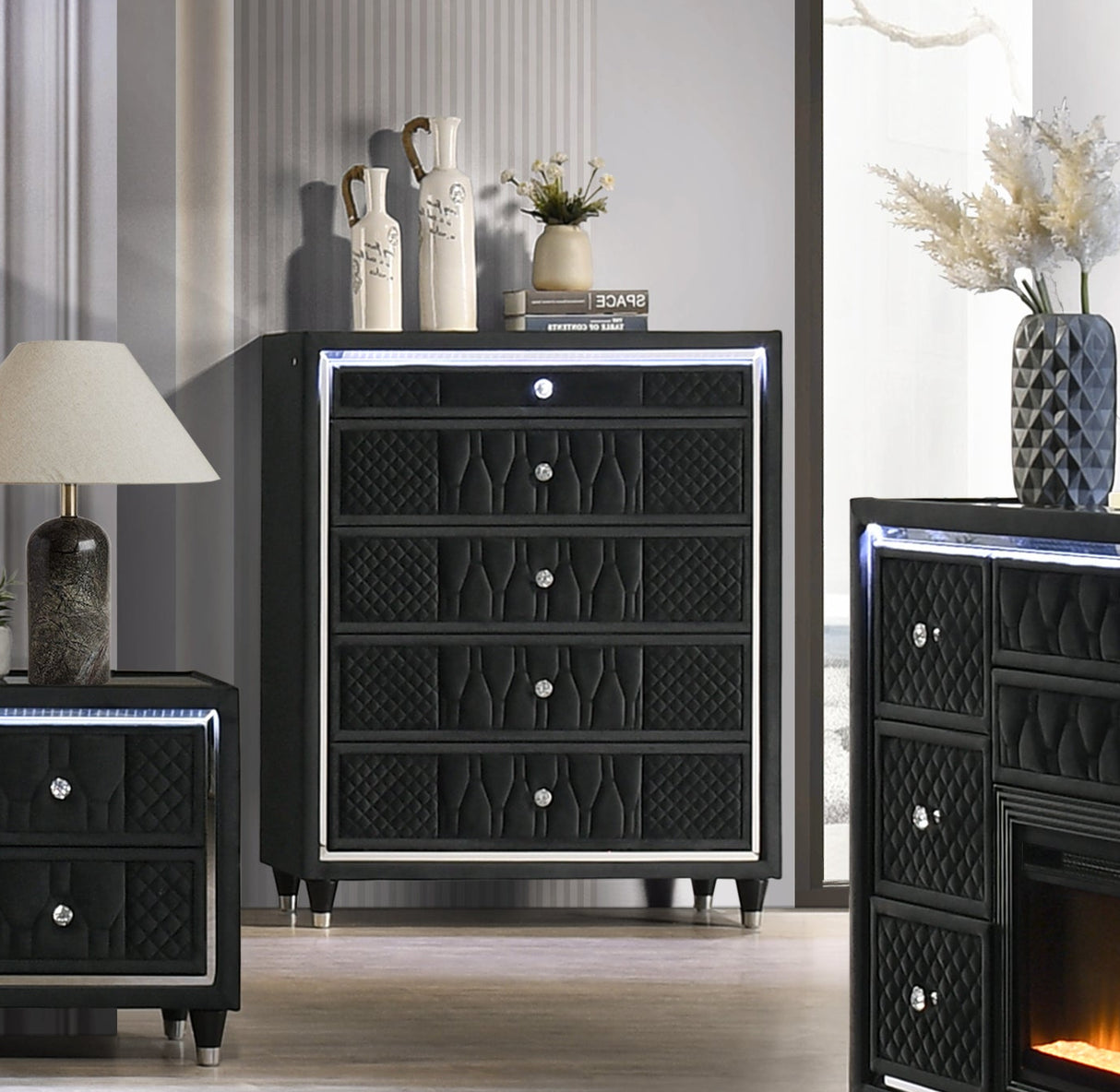 Vesper Black Velvet LED 5-Drawer Bedroom Chest