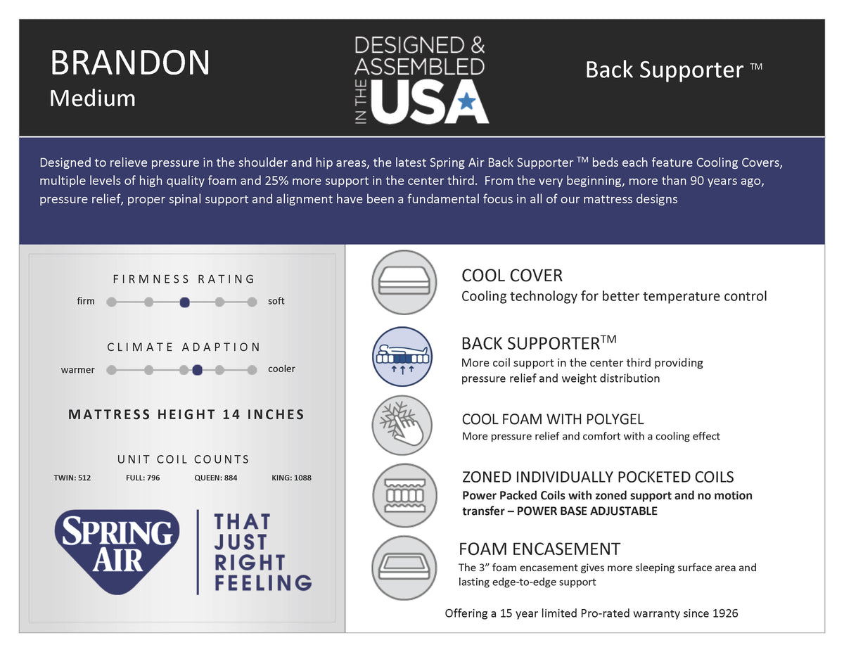 Brandon 14" Medium Firm Hybrid Mattress by Spring Air | Bel Furniture