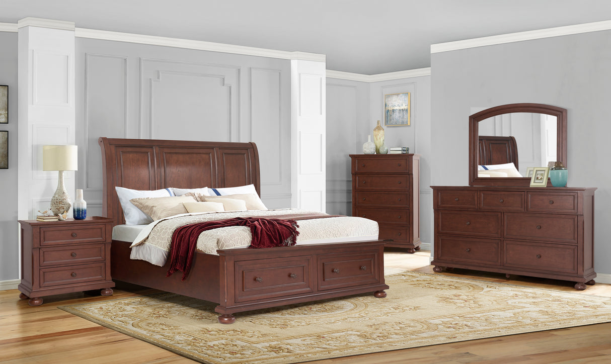 Wooden bedroom furniture set including bed, nightstands, and dresser in a room.