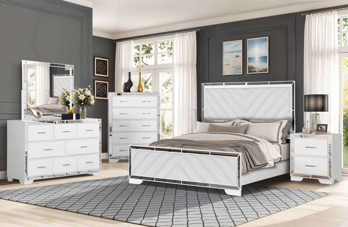 Modern Glam White 2-Drawer Nightstand with Reflective Silver Trim & Metal Handles