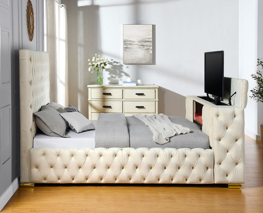 3-Piece Bed with Built-in Fireplace and TV Mount - Beige by Mollai Collections | Bel Furniture