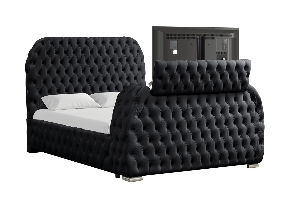 Luxury Velvet Tufted Bed with Fireplace, TV Lift, and Bluetooth Speakers by Mollai Collections | Bel Furniture