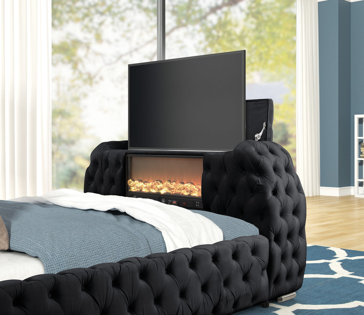 Luxury Velvet Tufted Bed with Fireplace, TV Lift, and Bluetooth Speakers by Mollai Collections | Bel Furniture