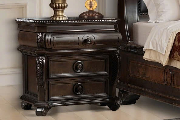 Luxurious bedroom with dark wood furniture, including a bed, nightstands, and dresser.