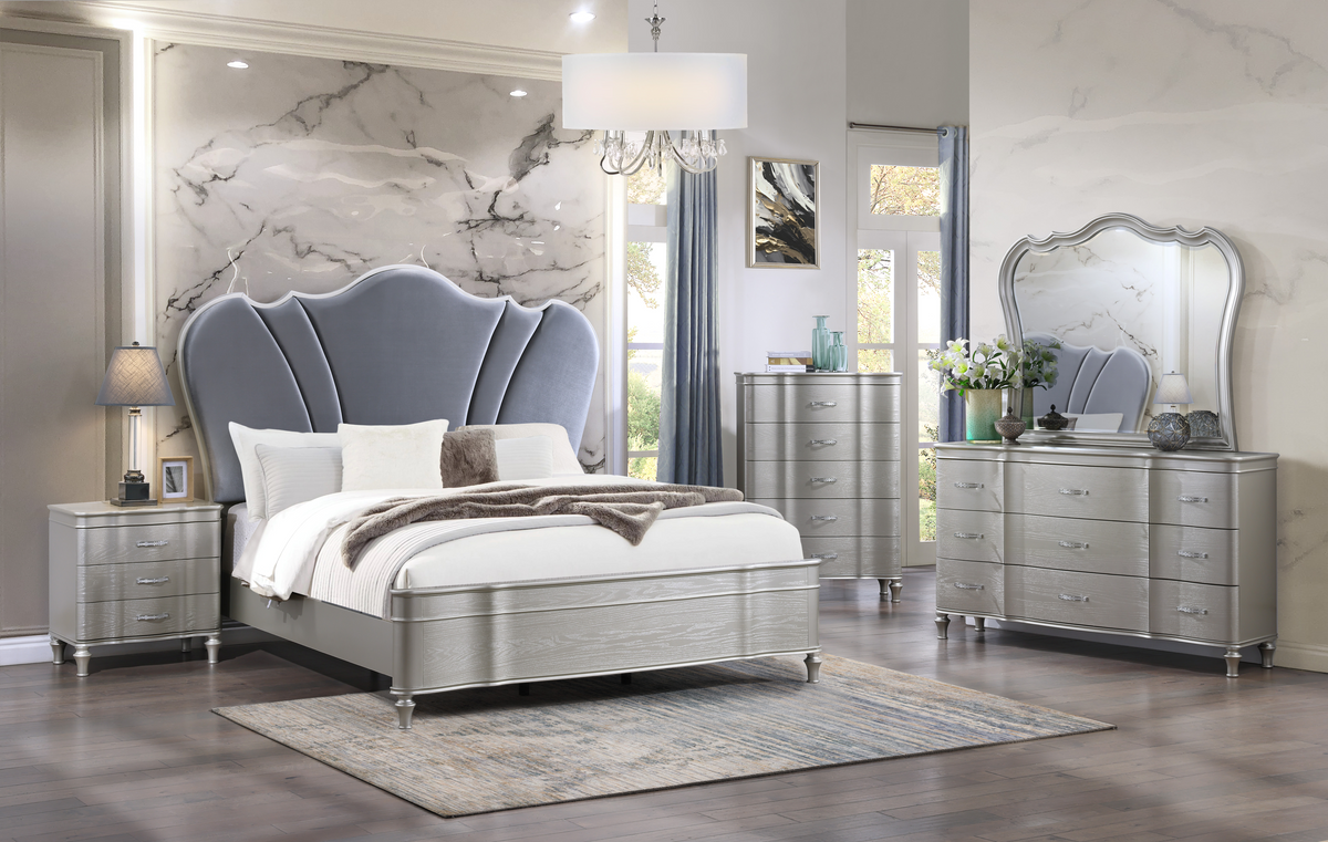 6 Piece Champagne Velvet Scalloped Bedroom Set by Mollai Collections | Bel Furniture