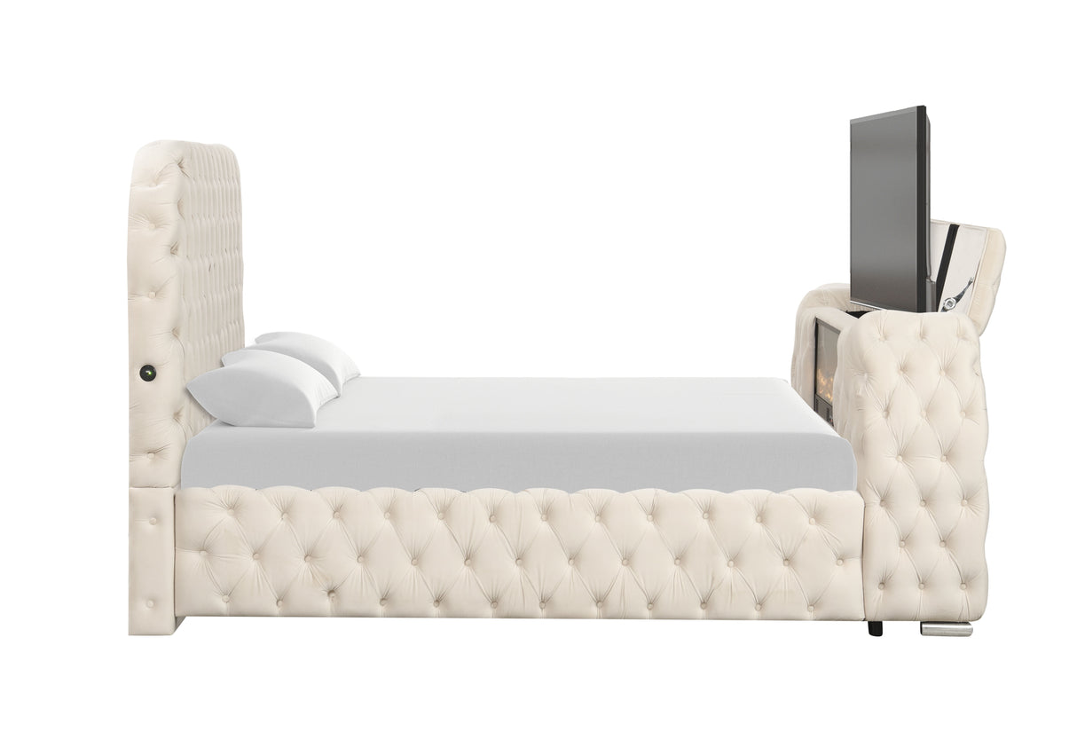 Luxury Velvet Tufted Bed with Fireplace, TV Lift, and Bluetooth Speakers by Mollai Collections | Bel Furniture