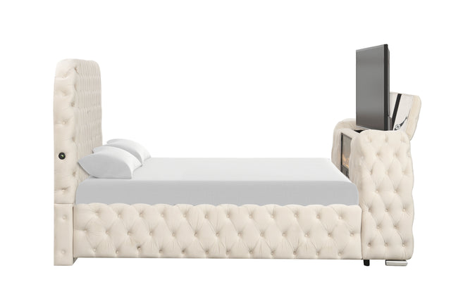 Luxury Velvet Tufted Bed with Fireplace, TV Lift, and Bluetooth Speakers by Mollai Collections | Bel Furniture