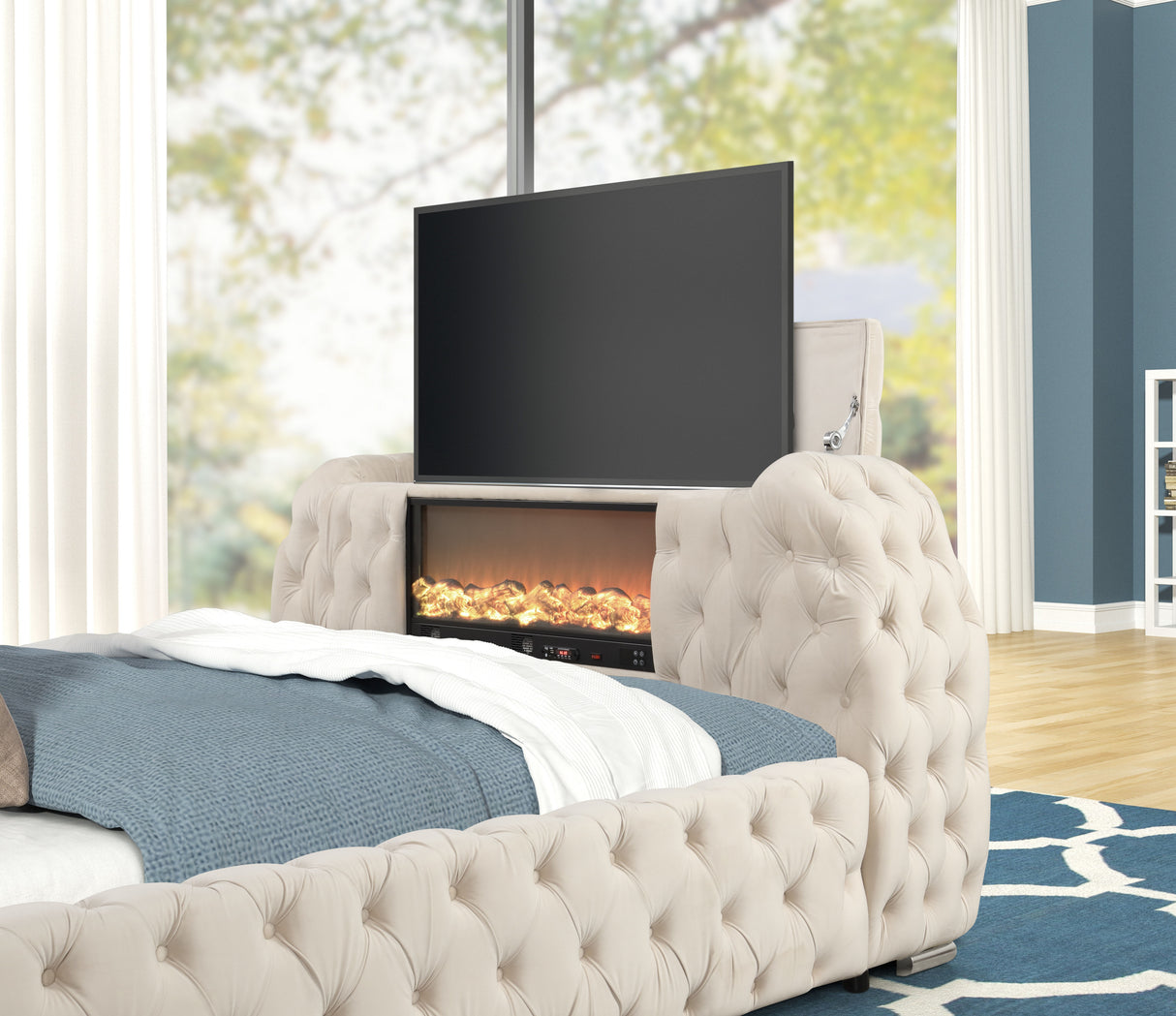 Luxury Velvet Tufted Bed with Fireplace, TV Lift, and Bluetooth Speakers by Mollai Collections | Bel Furniture