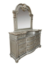 6-Pc Grey Traditional Bedroom Set with Tufted Sleigh Bed & Marble Tops