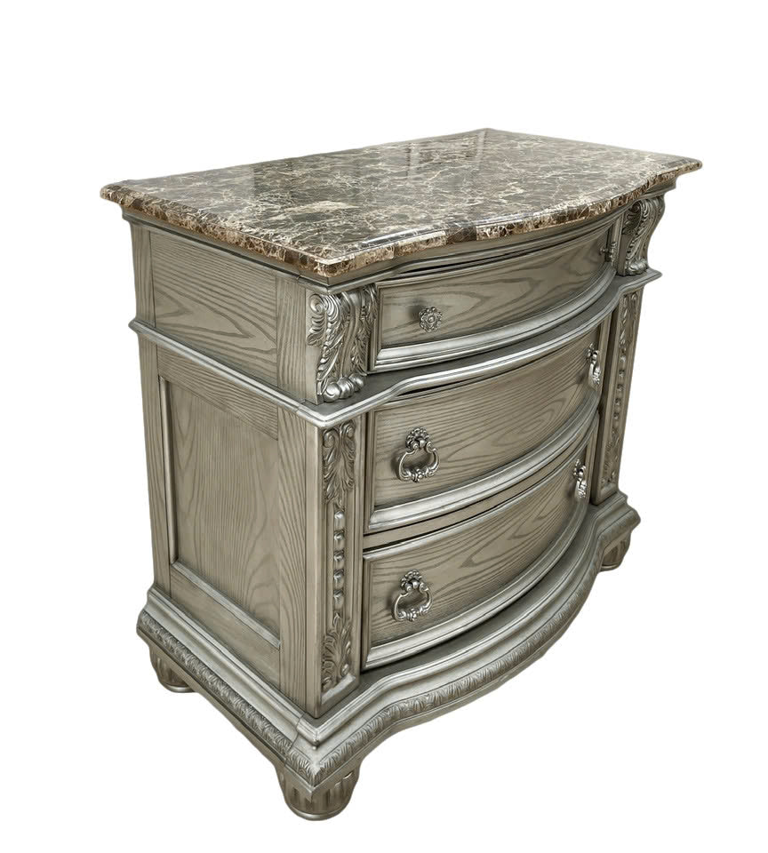 6-Pc Grey Traditional Bedroom Set with Tufted Sleigh Bed & Marble Tops