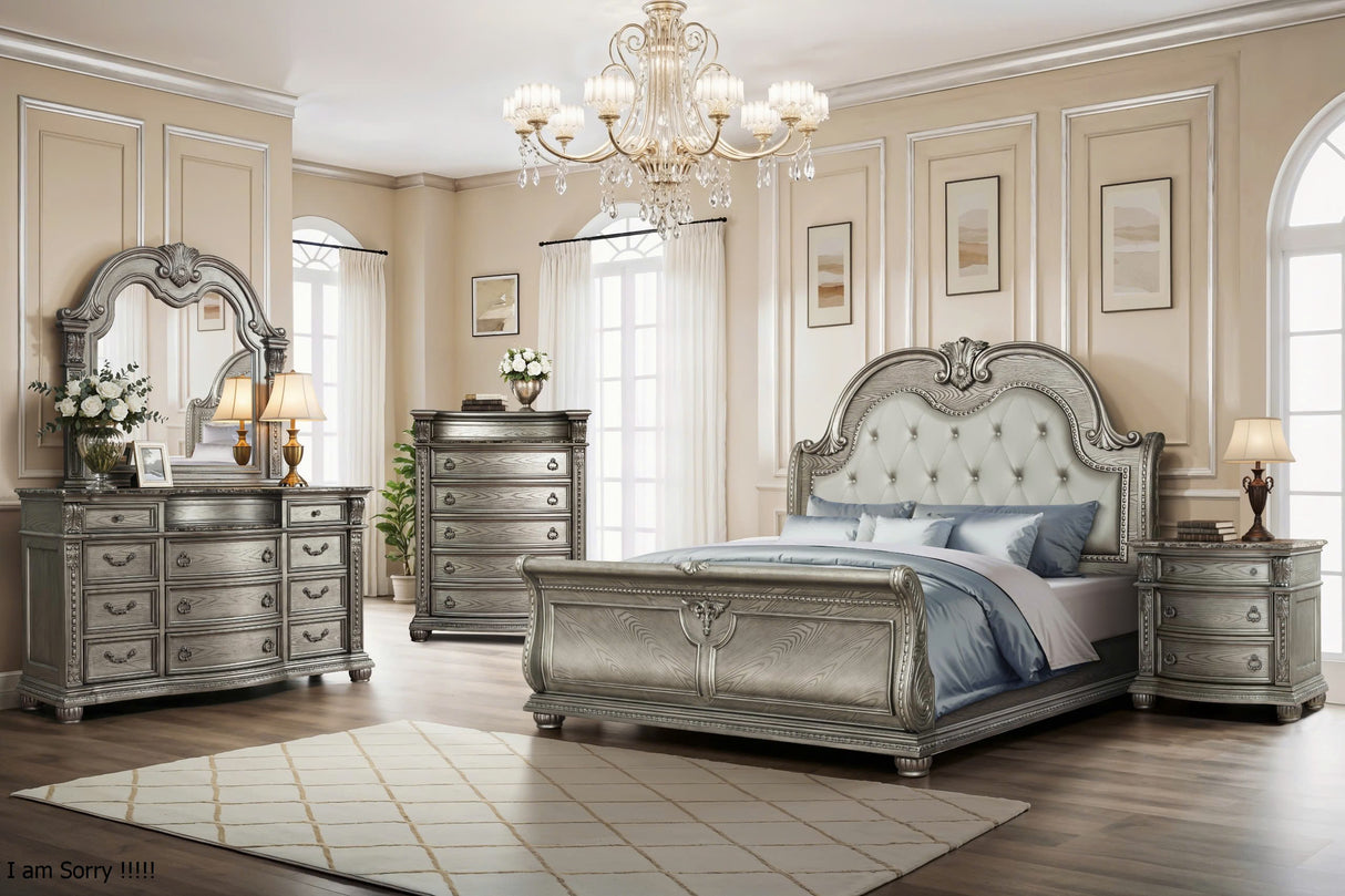 6-Pc Grey Traditional Bedroom Set with Tufted Sleigh Bed & Marble Tops